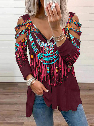 Western Tassel Bead Printed Hollow Out T-Shirt