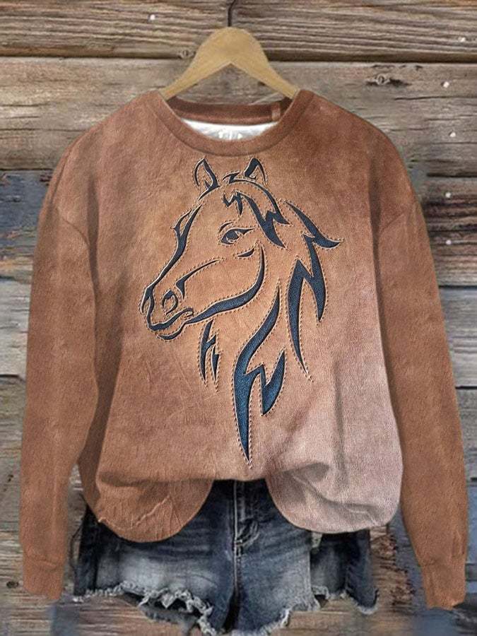 Women'S Western Horse Print Crewneck Long Sleeve Sweatshirt