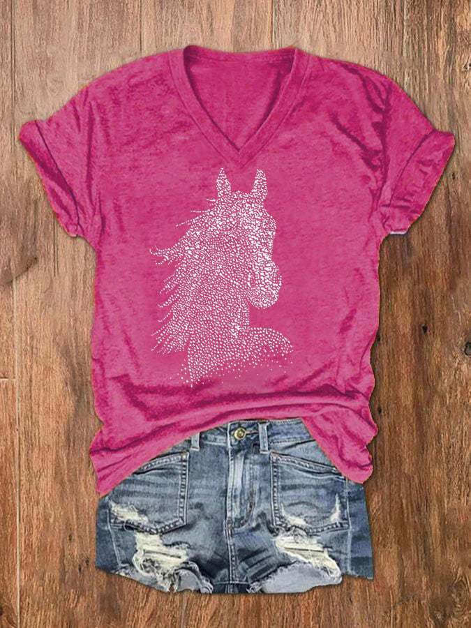 Women's Western Horse Print Casual V-Neck Tee