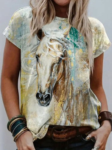 Western Horse Print Crew Neck T-Shirt