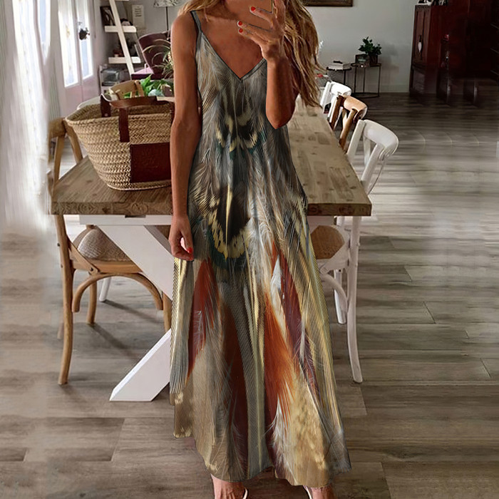 Retro Feather Casual Print Sleeveless Maxi Dress