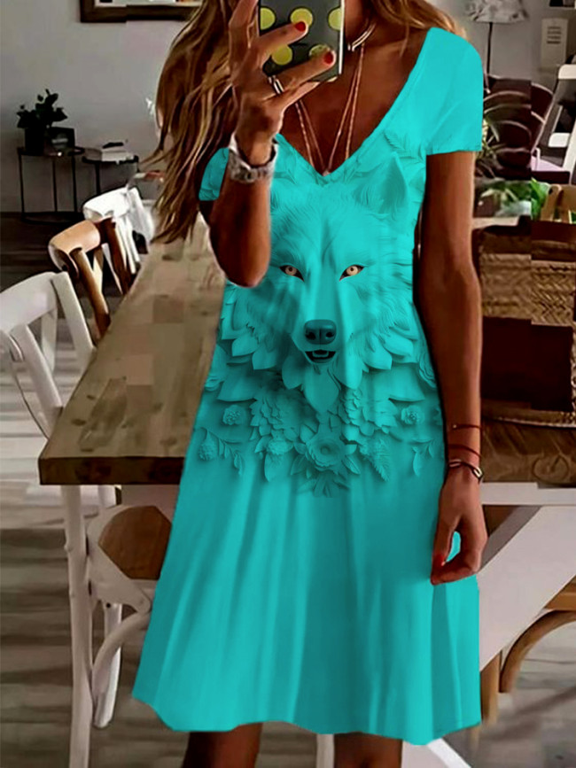 Western Turquoise Wolf Graphic V Neck A Line Midi Dress