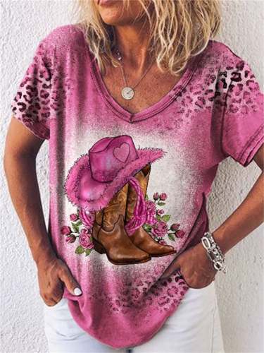 Rose And Cowgirl Heart Hat Leopard Print T-Shirt