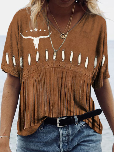 Vintage Western Fringe & Bull Skull Art V Neck T Shirt