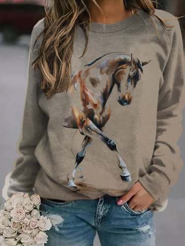 Women's Vintage Horse Print Crew Neck Sweatshirt