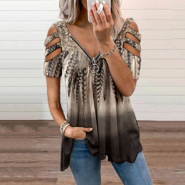 Tribal Feather Printed Zipper Casual T-Shirt