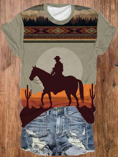 Women's Western Life and Horse Print Casual Loose T-Shirt