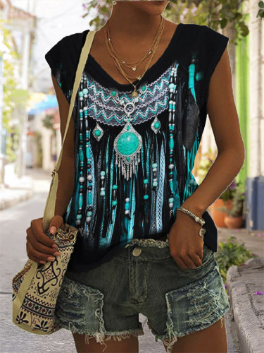Ethnic Turquoise Beaded Leather Art V Neck Tank Top