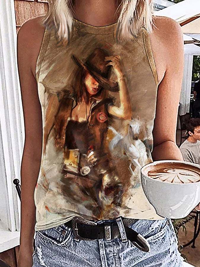 Women's Retro Western Cowgirl Print Sleeveless T-Shirt