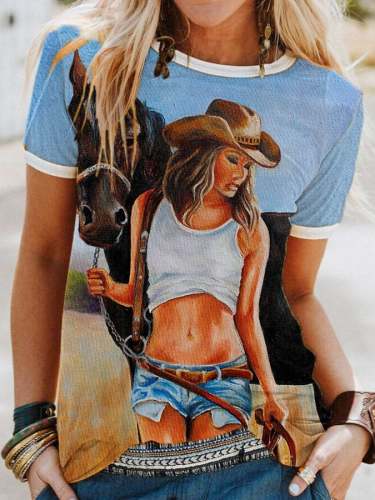 Women's Vintage Western Cool Cowgirl Print T-Shirt