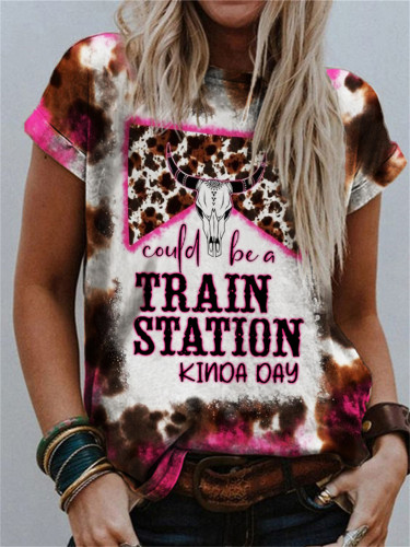 Train Station Kinda Day Bull Skull Cowhide T Shirt