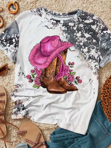 Women's Western Cowgirl Hat And Boots Print Casual Tee