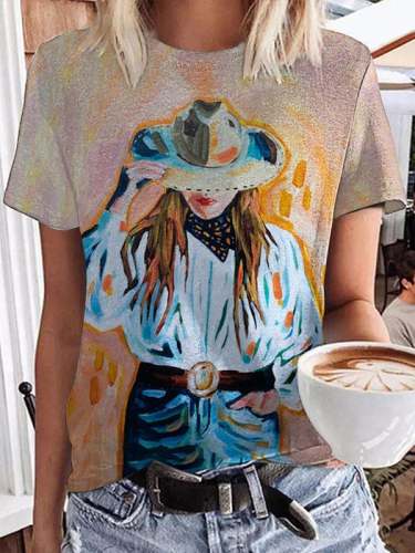 Women's Retro Western Cowgirl Print T-Shirt