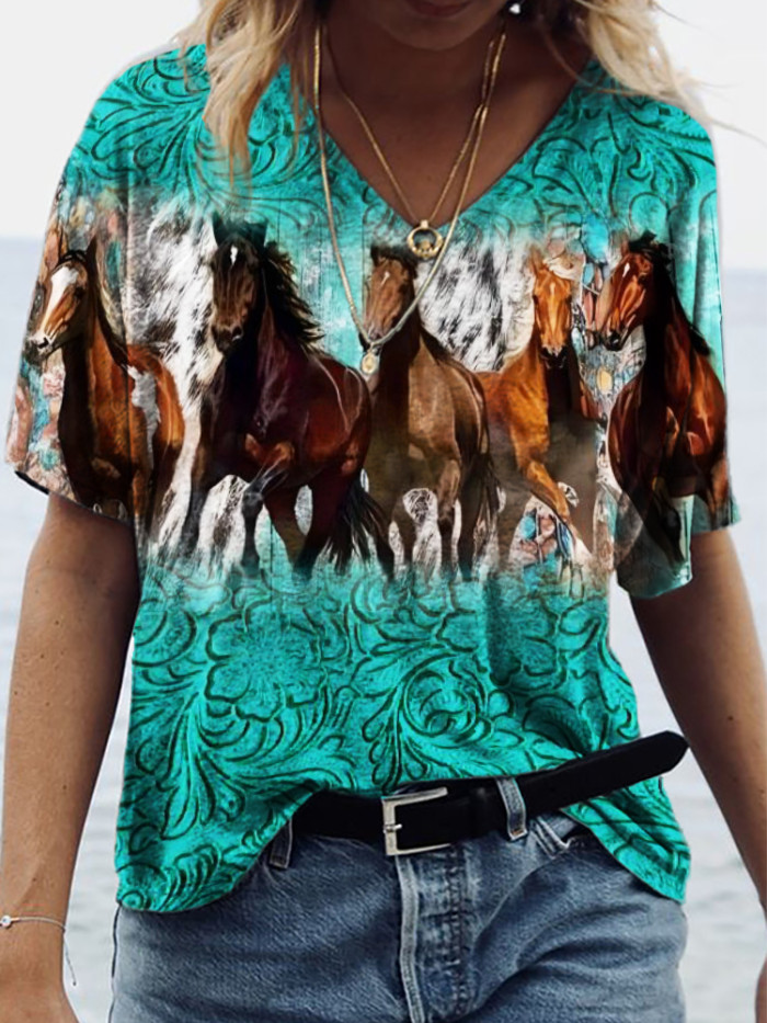 Horses Lover Turquoise Floral Leather Art T Shirt