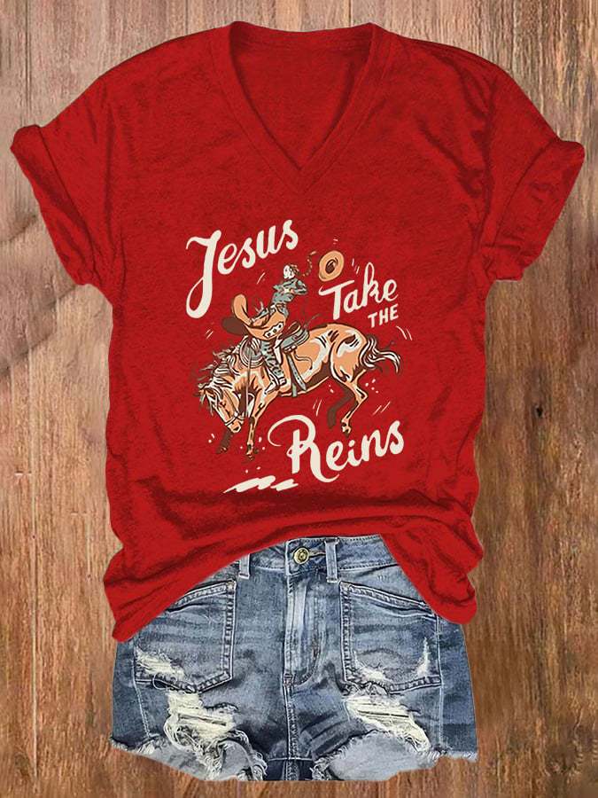 Women's Jesus Take The Reins Print Casual T-Shirt