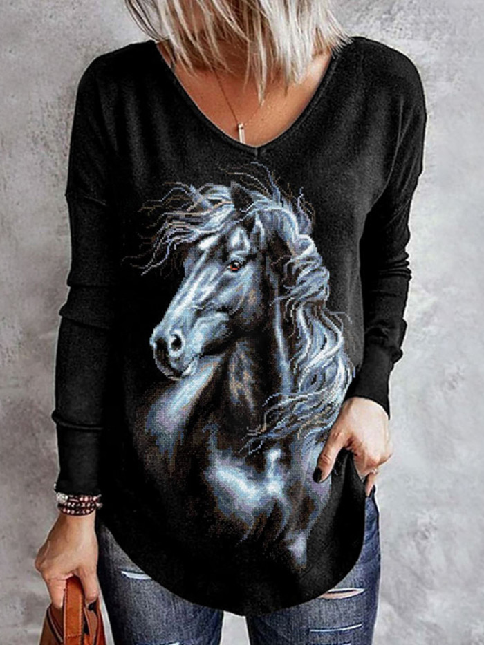 Horse Head Print Casual Long Sleeve T-Shirt