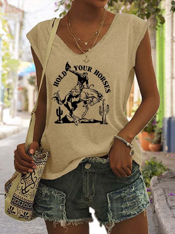Women's Retro Western Cowboys Hold Your Horses Print T-shirt