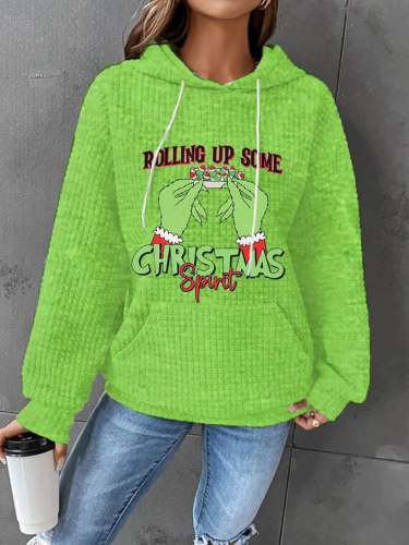 Women's Christmas Funny Green Monster Rolling Up Some Christmas Spirit Printed Waffle Hooded Sweatshirt