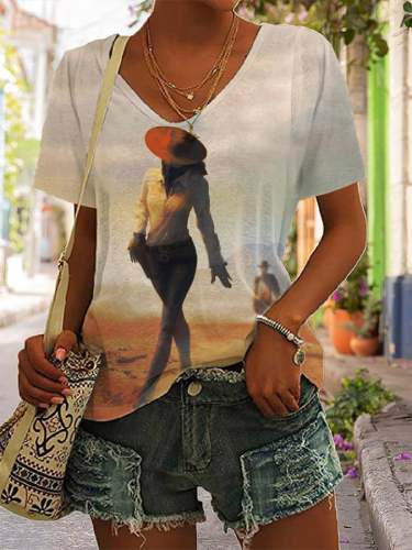 Women's Retro Western Cowgirl Print V-Neck T-Shirt