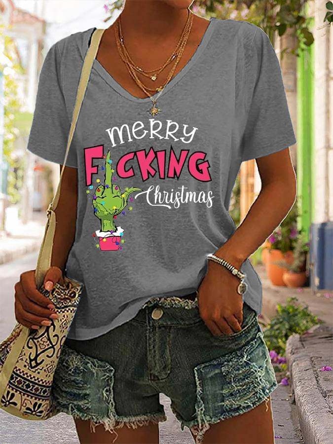 Women's Funny Merry F*cking Christmas Casual V-Neck Tee