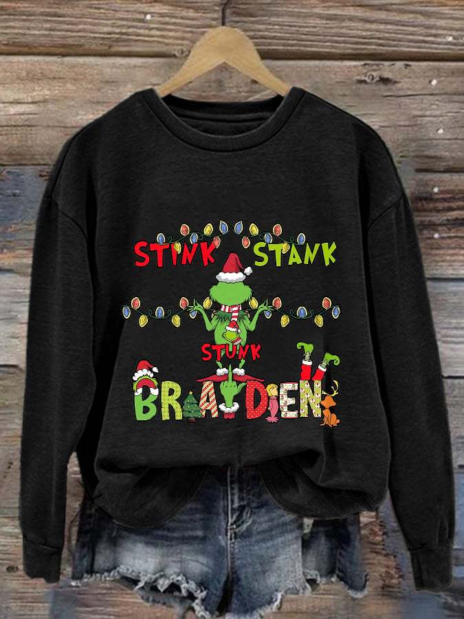 Women's Stink Stank Stunk Merry Christmas Print Crew Neck Pullover