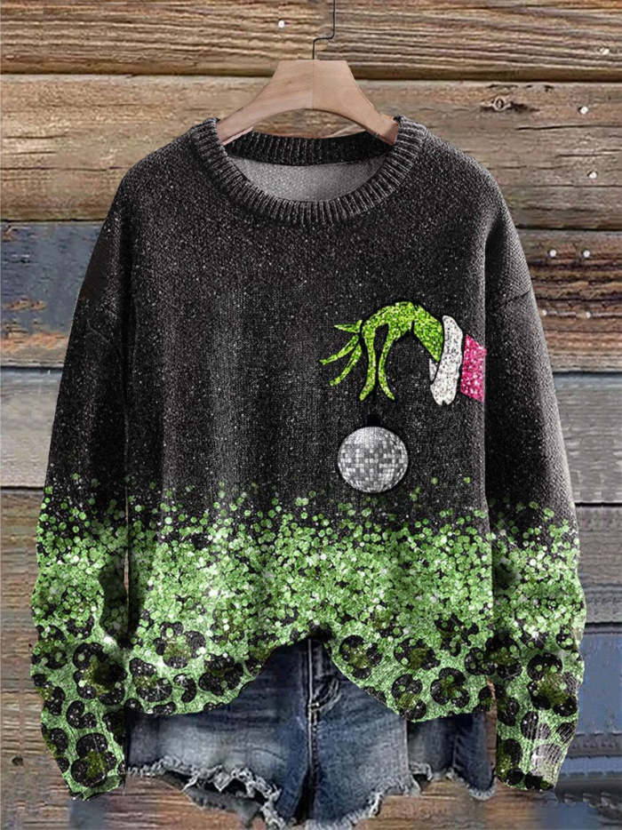 Sequin Chrsitmas Green Hand Print Knit Pullover Sweater