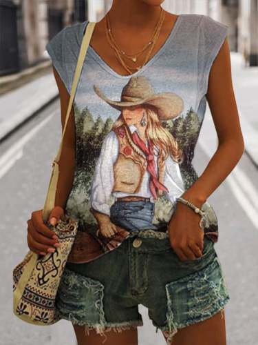 Women's Retro Western Cowgirl Print V-Neck Sleeveless Top