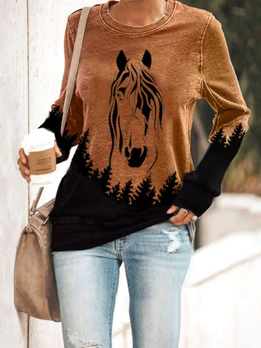 Vintage Western Horse Print Round Neck Long Sleeve Sweatshirt