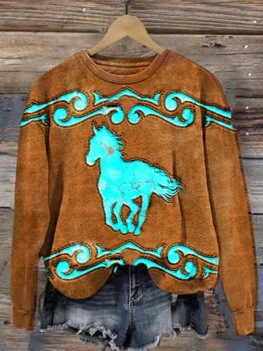 Women'S Western Horse Art Print Long Sleeve Sweatshirt