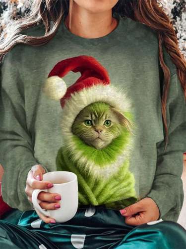 Women's Christmas Grinchy Cat Print Sweatshirt