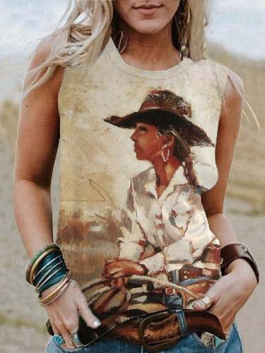 Women's Vintage Western Cool Cowgirl Print Tank Top
