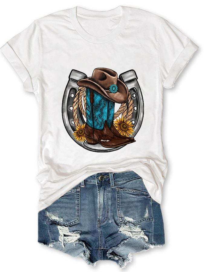 Women's Turquoise Western Boots Print Short Sleeve T-Shirt