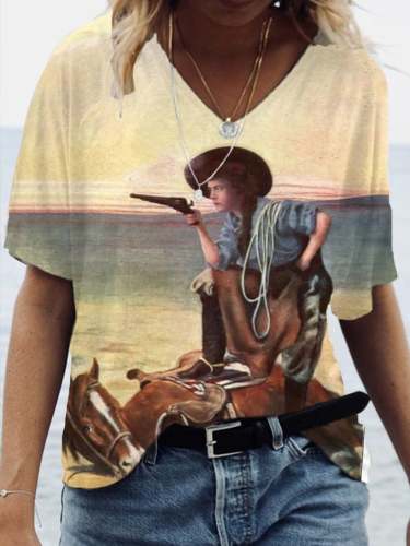 Women's Vintage Western Cowgirl Print V Neck T-Shirt