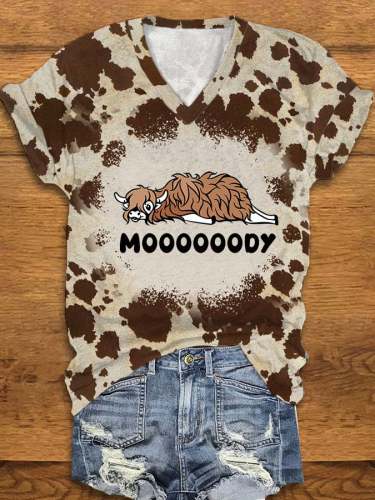 Women's Moody Highland Cow Print V-Neck T-Shirt