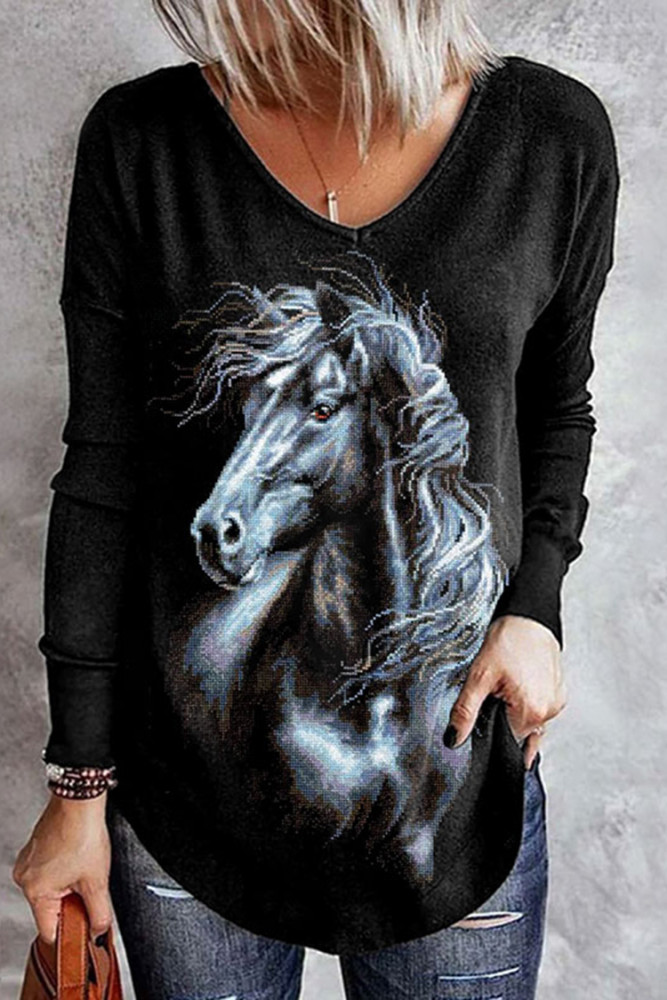 Horse Head Print Casual Long Sleeve T-Shirt