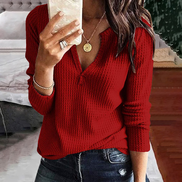 Solid Color V-Neck Long Sleeve Casual T-Shirt