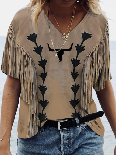 Western Denim Leather Tassel Vintage Distressed Print V Neck T-Shirt