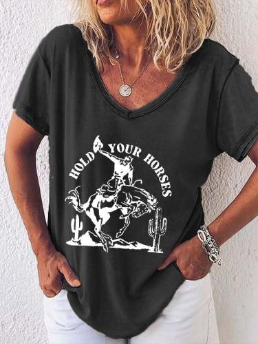 Women's Retro Western Cowboys Hold Your Horses  Print V-Neck T-Shirt
