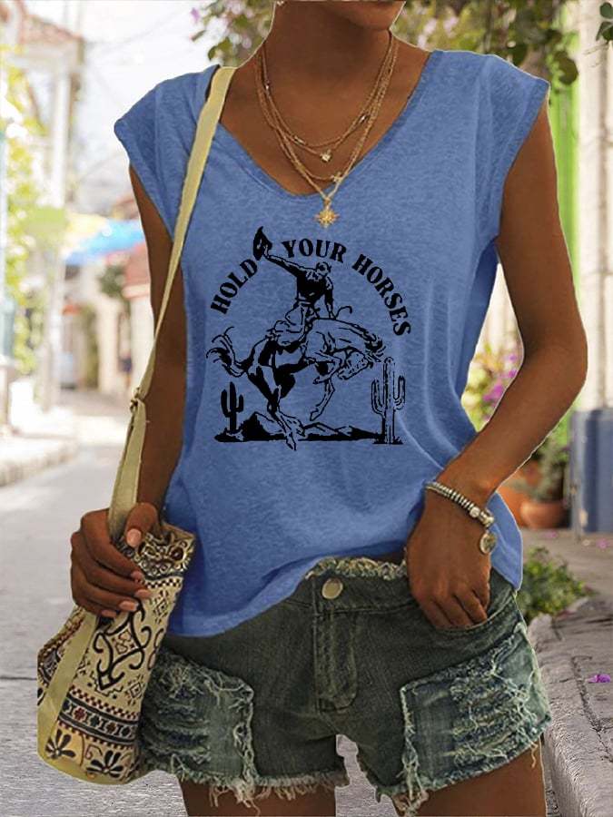 Women's Retro Western Cowboys Hold Your Horses Print T-shirt