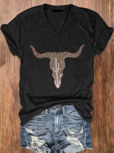 Women's Cow Skull Desert Cactus Silhouette  Print V-Neck T-Shirt