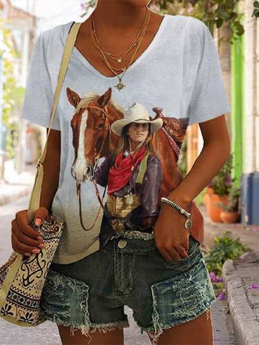 Women's Country Cowgirl Oil Painting Print T-Shirt