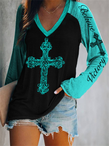 Vintage Cross Believe & Victory Turquoise Contrast T Shirt