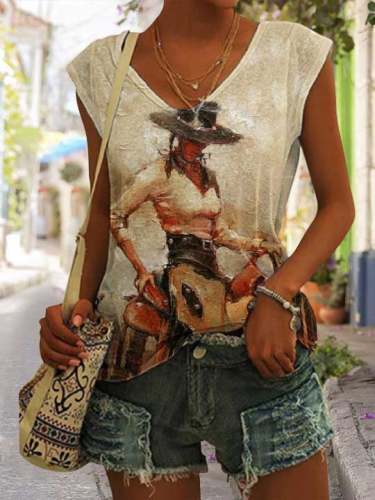 Women's Retro Western Cowgirl Print V-Neck Sleeveless Top