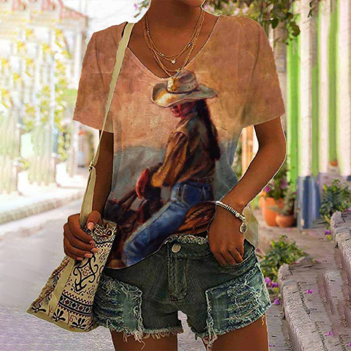Vintage Cowgirl Print Casual T-Shirt