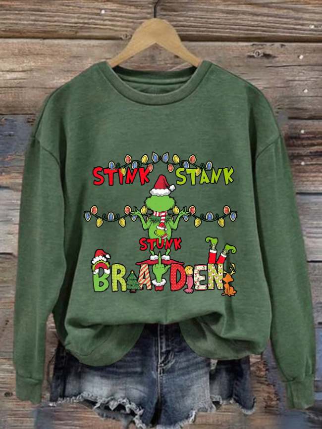 Women's Stink Stank Stunk Merry Christmas Print Crew Neck Pullover