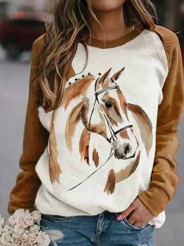 Women's Vintage Horse Print Crew Neck Sweatshirt