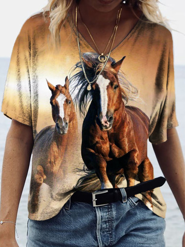 Western Running Horses Art V Neck T Shirt