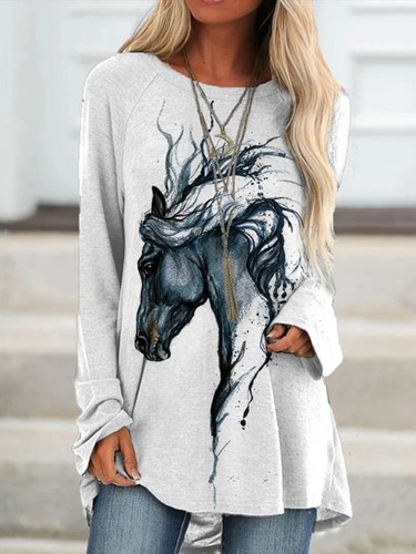 Western Horse Print Long Sleeve Casual Tunic