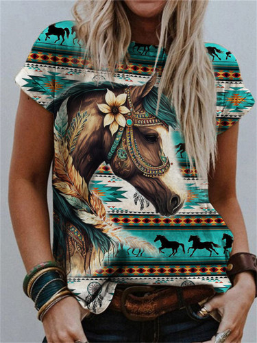 Elegant Horse Art Western Aztec Crew Neck T Shirt