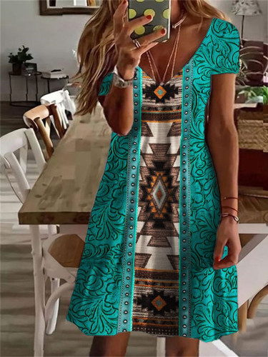 Aztec Floral Turquoise Leather Art V Neck Midi Dress